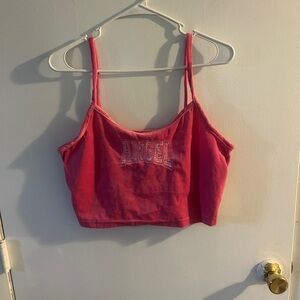 Pink Cropped Velour Tank Top with 'Angel' Embroidery